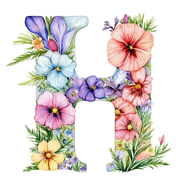 Floral letter 'H' with colorful flowers quilt block