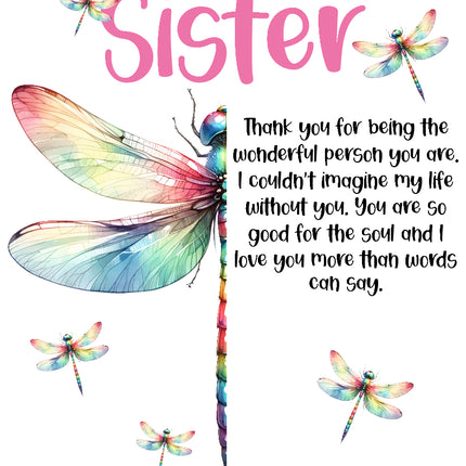 Colorful dragonfly illustration with a heartfelt message for a sister fabric panel