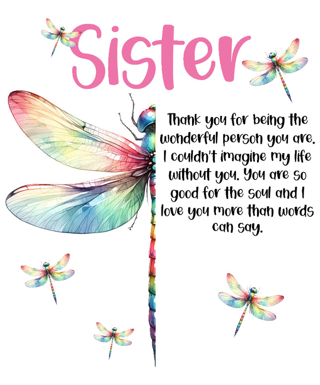 Colorful dragonfly illustration with a heartfelt message for a sister fabric panel