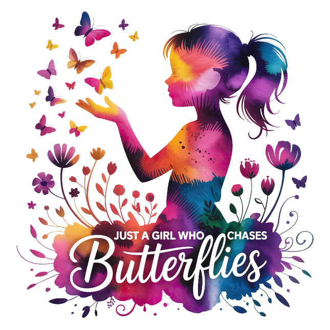 girl with butterflies and flowers, featuring text 'Just a Girl Who Chases Butterflies' fabric panel