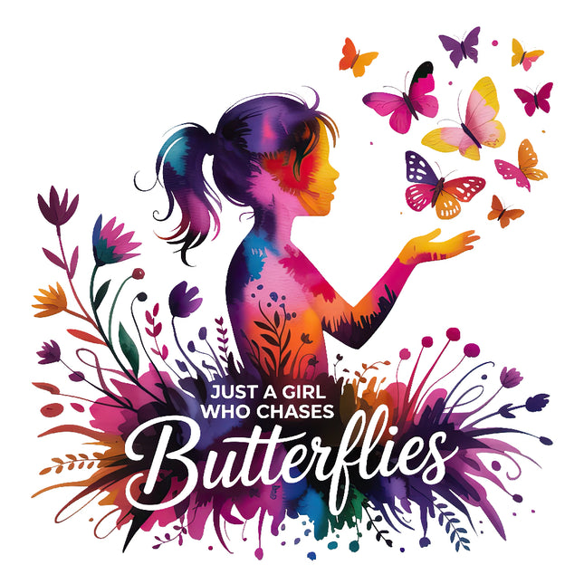 girl with butterflies and flowers, featuring text 'Just a Girl Who Chases Butterflies' fabric panel