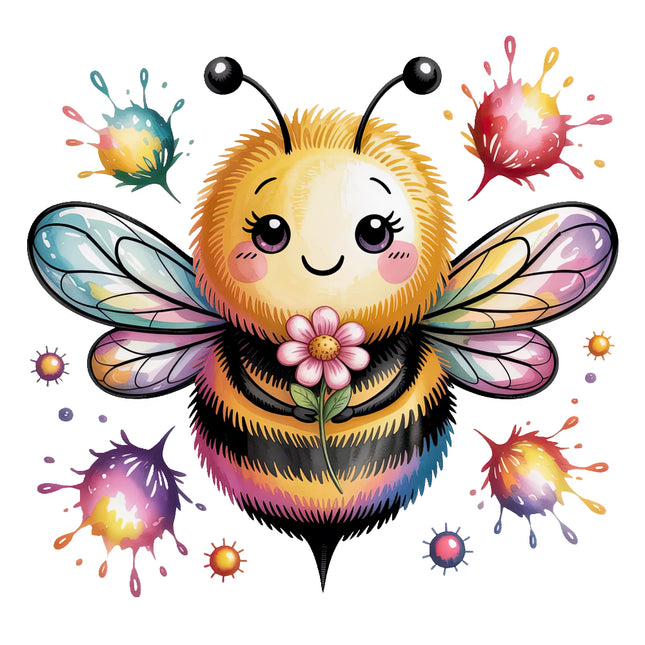 Colorful cartoon bee holding a flower fabric panel