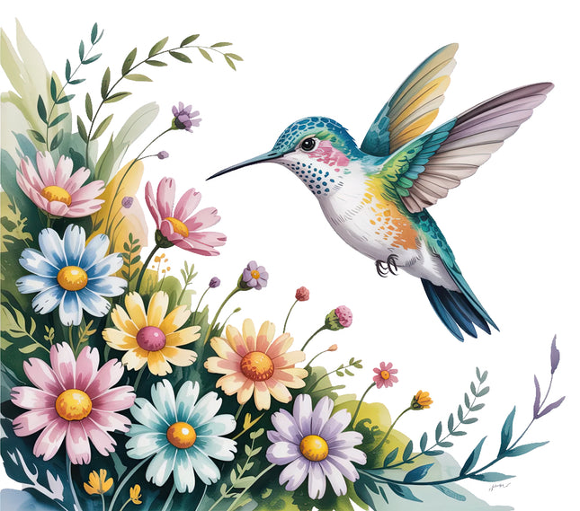 Colorful illustration of a hummingbird among flowers fabric panel