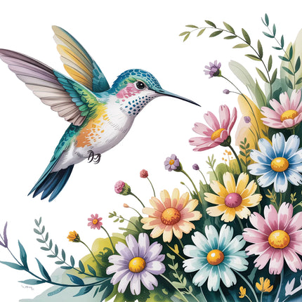 hummingbird among flowers fabric panel