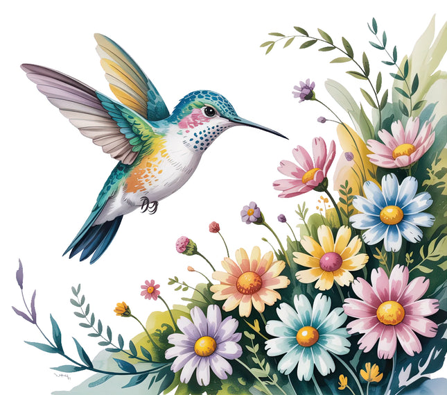 hummingbird among flowers fabric panel