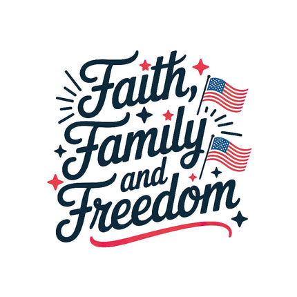 Text 'Faith, Family and Freedom' with American flags fabric panel
