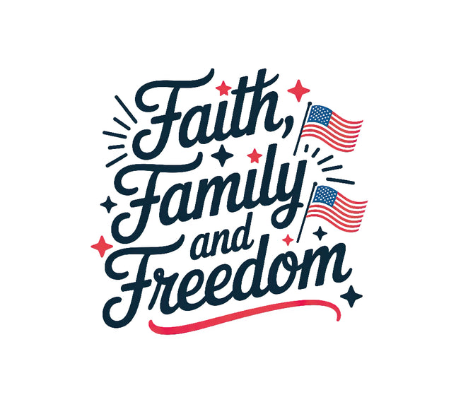 Text 'Faith, Family and Freedom' with American flags fabric panel