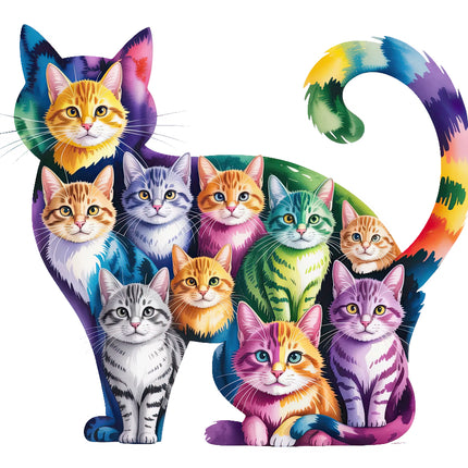 Colorful illustration of cats inside a stylized cat shape fabric panel