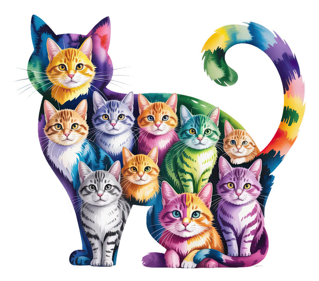 Colorful illustration of cats inside a stylized cat shape fabric panel