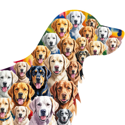 Collage of various dogs in the shape of a dog's head fabric panel