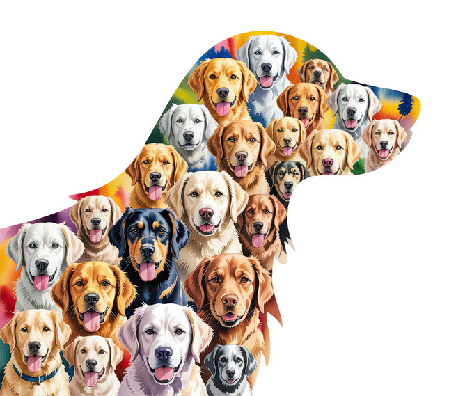 Collage of various dogs in the shape of a dog's head fabric panel