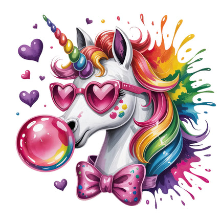 Colorful unicorn with rainbow hair, sunglasses, and bow tie blowing a bubble fabric panel