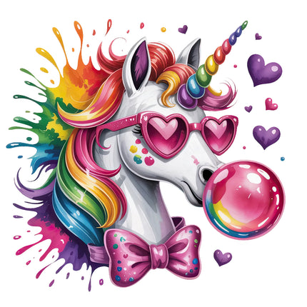 Colorful unicorn with rainbow hair, sunglasses, and bubble gum fabric panel
