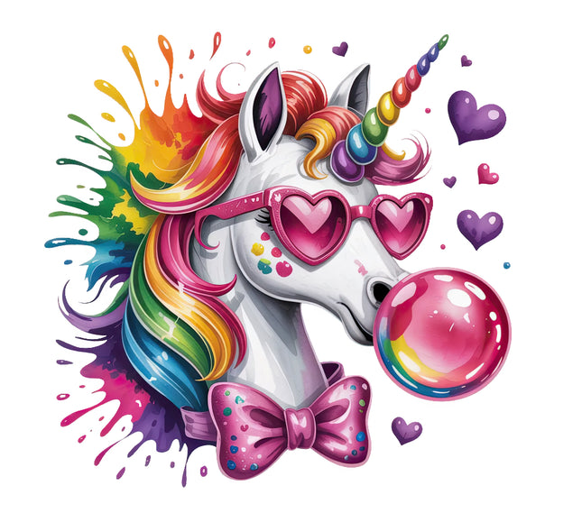 Colorful unicorn with rainbow hair, sunglasses, and bubble gum fabric panel