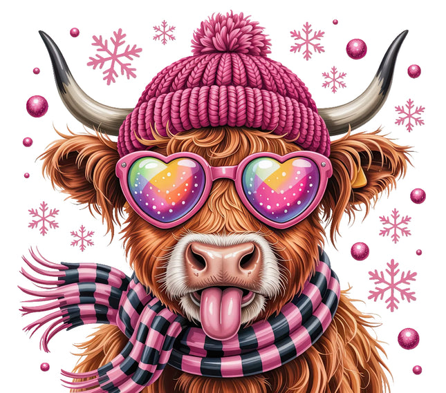 Cow wearing a pink beanie, heart-shaped sunglasses, and a striped scarf with snowflakes fabric panel
