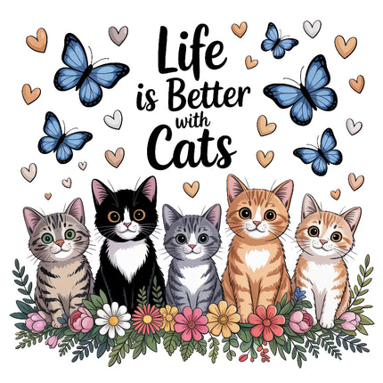 cats with flowers and butterflies with 'Life is Better with Cats' text fabric panel