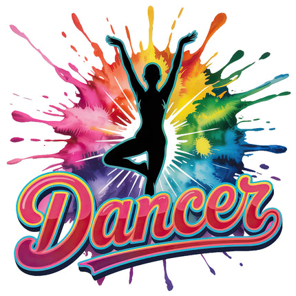 Colorful splashes with a dancer silhouette and 'Dancer' fabric panel
