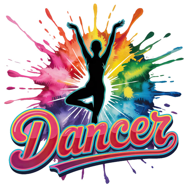 Colorful splashes with a dancer silhouette and 'Dancer' fabric panel