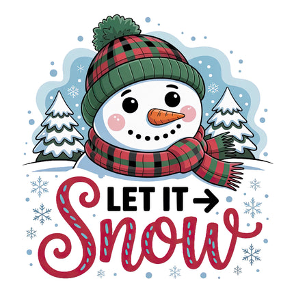 snowman with a plaid hat and scarf, surrounded by trees and snowflakes with 'Let It Snow' text fabric panel
