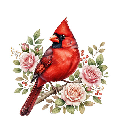 Red cardinal bird on a branch with pink roses and green leaves fabric panel