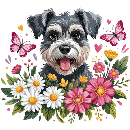 dog surrounded by flowers and butterflies fabric panel