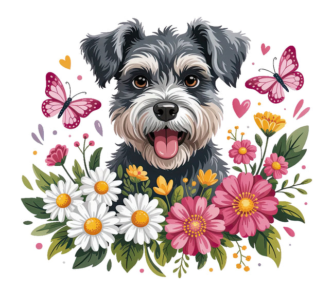dog surrounded by flowers and butterflies fabric panel