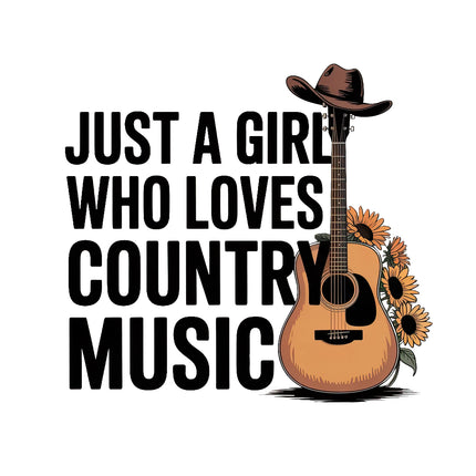 Guitar with sunflowers and a cowboy hat, text 'Just a girl who loves country music' fabric panel