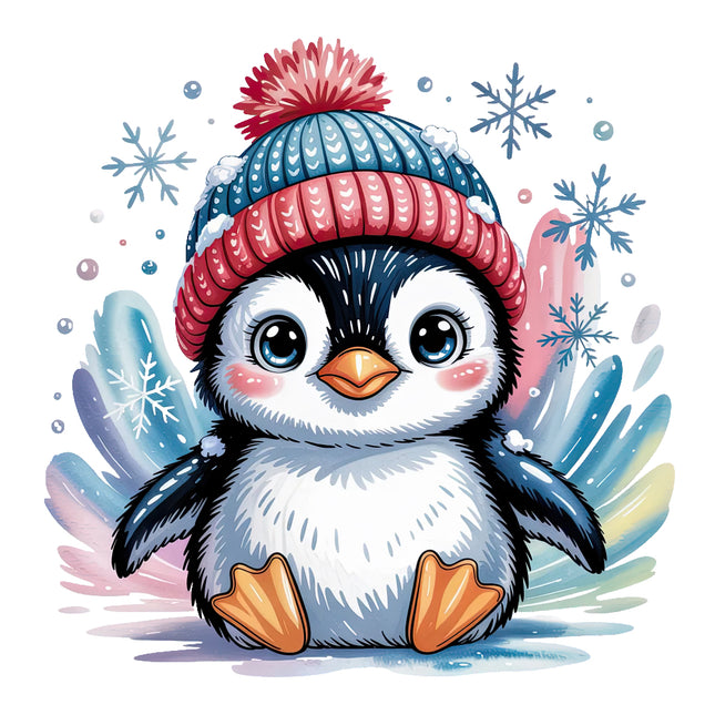 Cartoon penguin wearing a colorful winter hat with snowflakes fabric panel