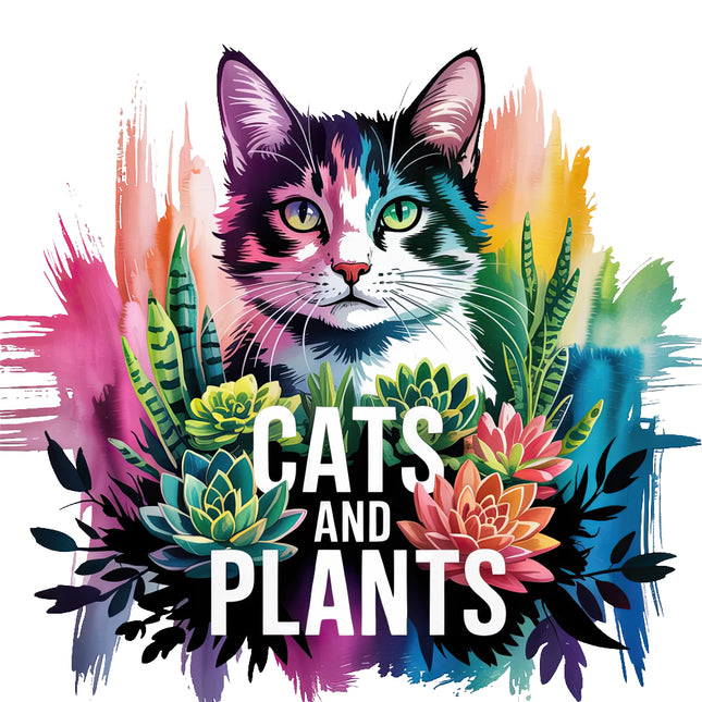 cat surrounded by plants with 'Cats and Plants' fabric panel