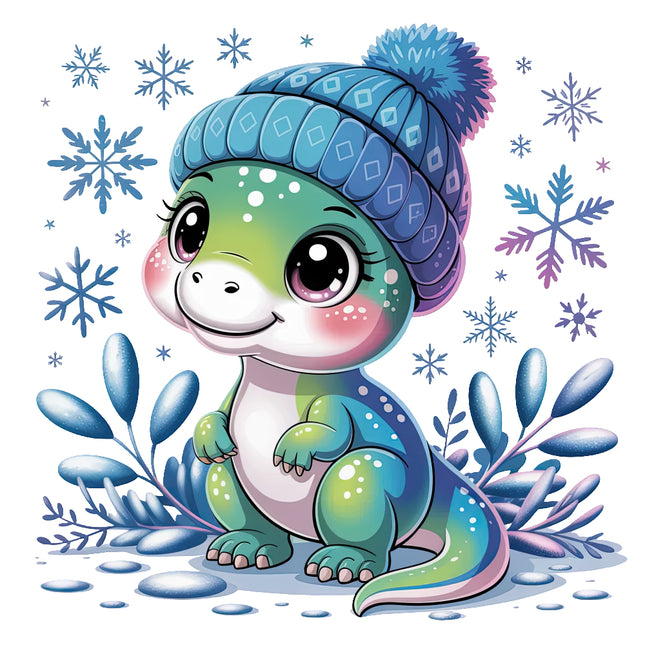 Cartoon dinosaur in a blue winter hat with snowflakes and ice fabric panel