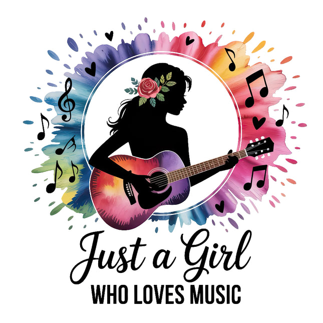 Silhouette of a girl playing guitar with colorful watercolor splashes and musical notes fabric panel