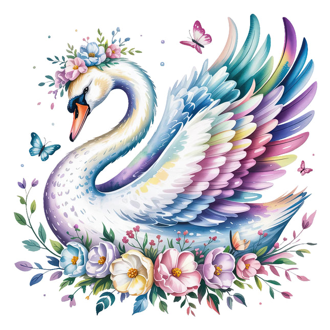 Colorful swan surrounded by flowers and butterflies fabric panel