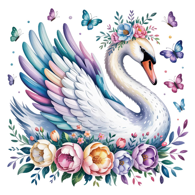 swan surrounded by flowers and butterflies fabric panel