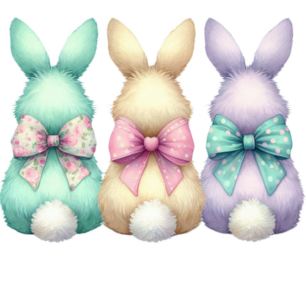 Three pastel-colored bunnies with decorative bows fabric panel