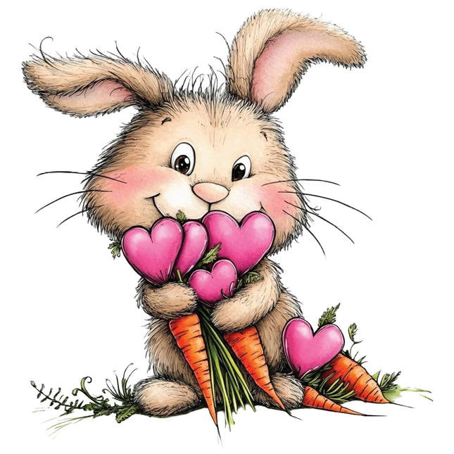 Cartoon bunny holding pink hearts and carrots fabric panel
