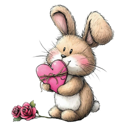 Cartoon bunny holding a pink heart with a rose fabric panel