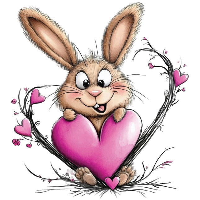 Cartoon bunny holding a pink heart surrounded by heart-shaped flowers fabric panel