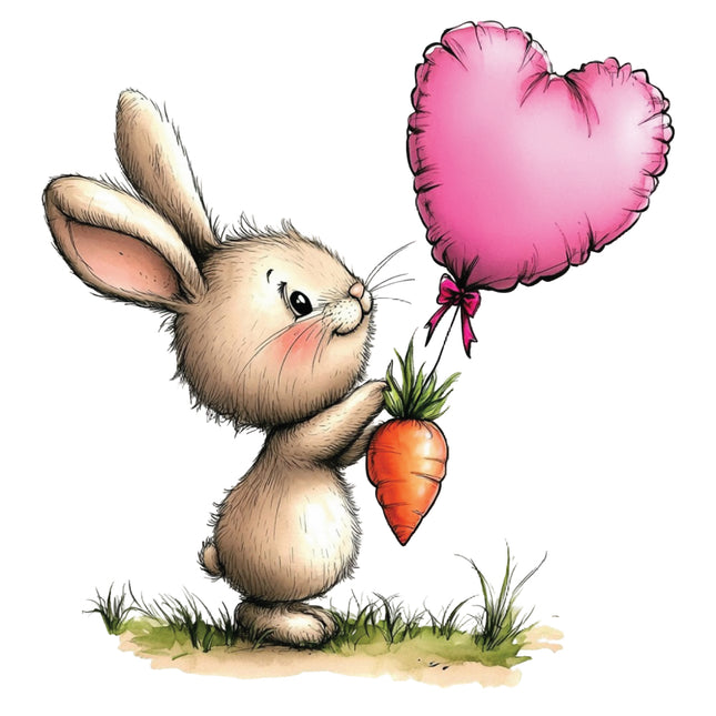 Cartoon bunny holding a carrot and a pink heart-shaped balloon fabric panel