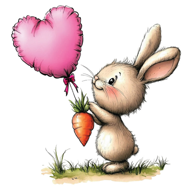 bunny holding a carrot and a pink heart-shaped balloon fabric panel