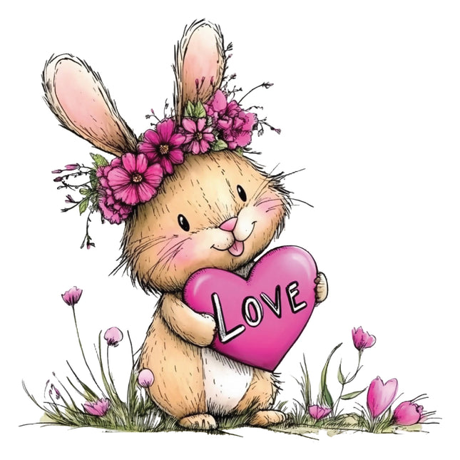 Cartoon bunny with a flower crown and 'LOVE' heart fabric panel