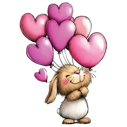 Cartoon bunny holding heart-shaped balloons fabric panel