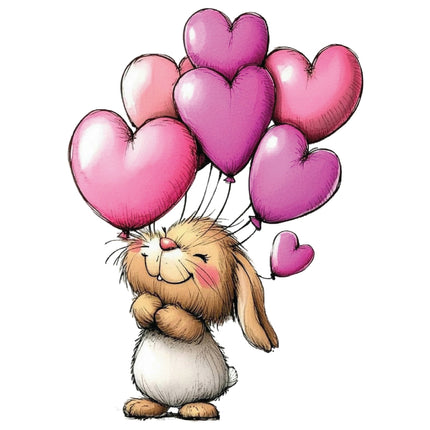 Cartoon bunny holding pink heart-shaped balloons fabric panel