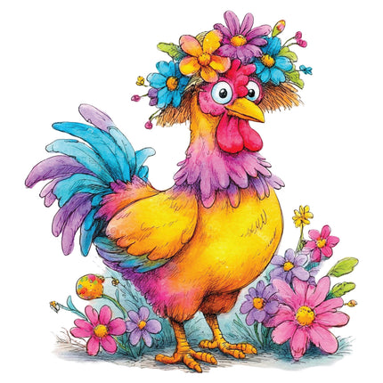 Colorful cartoon rooster with floral headpiece and flowers fabric panel