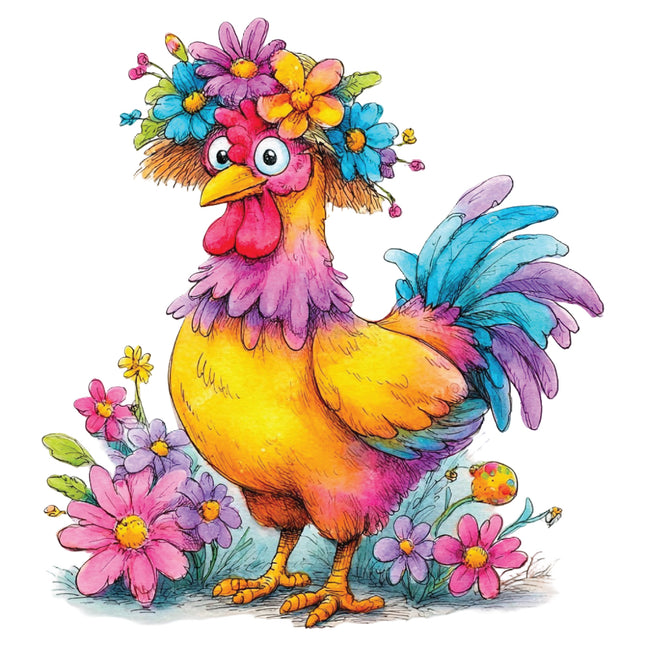 Colorful cartoon rooster with flowers fabric panel