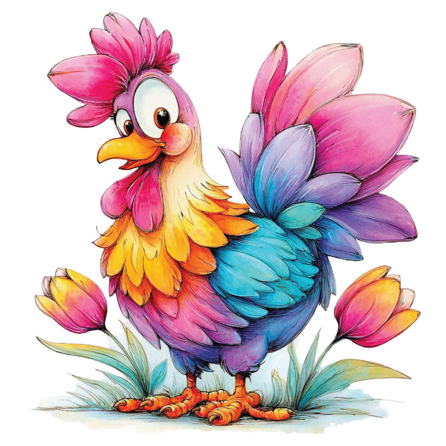 Colorful cartoon rooster with flowers fabric panel