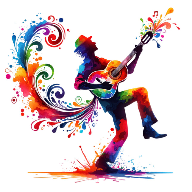 Colorful artistic depiction of a person playing an acoustic guitar with abstract designs fabric panel