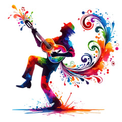 person playing guitar with swirling designs fabric panel