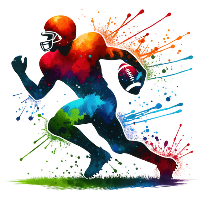 football player running with a ball, surrounded by splashes of paint fabric panel