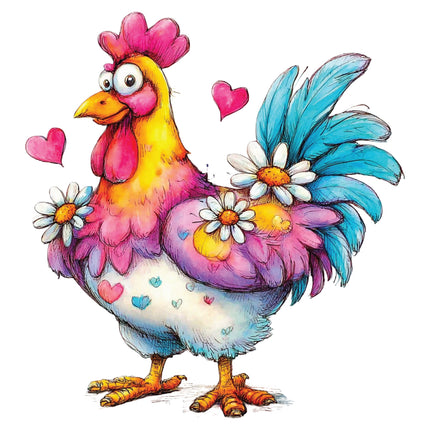 Colorful cartoon rooster with flowers and hearts fabric panel