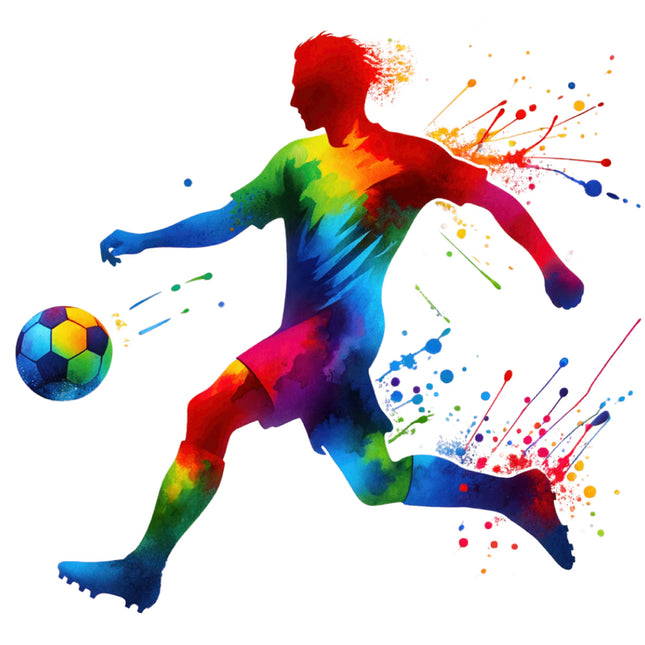 Colorful silhouette of a soccer player kicking a ball with artistic splashes fabric panel